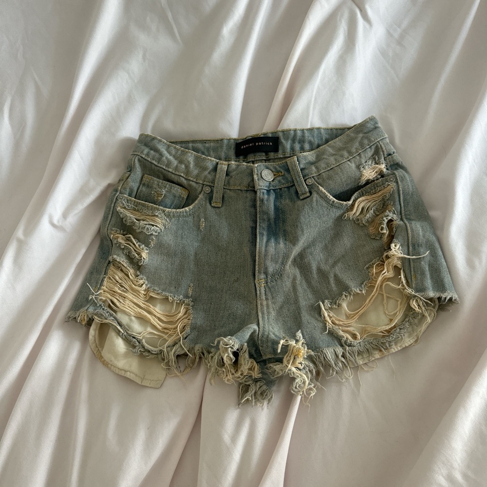 Edgy Ripped Jean Shorts in Classic Blue